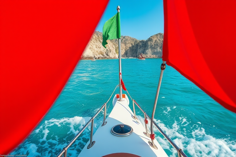 photograph a boat view on clear blue water with a green and red flag, vibrant coastline in the background, use a DSLR camera with a 24mm lens, aperture f/8, ISO 100, shutter speed 1/200s, shot from a low angle to emphasize the waves and boat's bow, vibrant natural colors with high dynamic range.