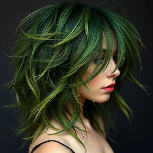 Enchanting image of a person with Forest Canopy hair, various shades of green in a long, layered cut with wispy strands mimicking leaves