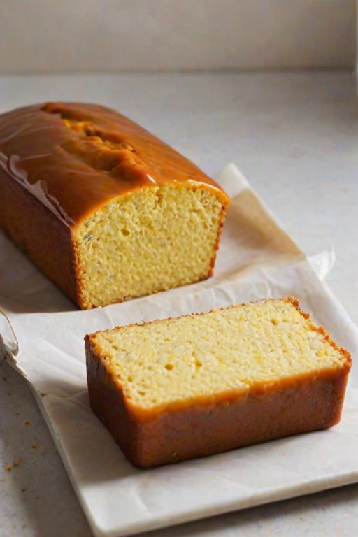 Create an image of a freshly baked yellow cake loaf with a glossy glaze on top. The loaf should be sliced to reveal its moist interior, and there should be passionfruit seeds scattered around. The setting should be simple, with the loaf placed on white parchment paper and a light background.