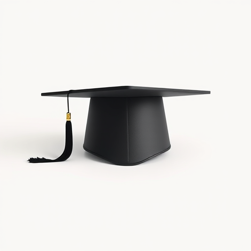 Create a high-resolution image of a graduation cap on a clean white background, using a Canon EOS 5D Mark IV with a 50mm lens, aperture f/2.8, ISO 100, and a shallow depth of field for soft bokeh effect.