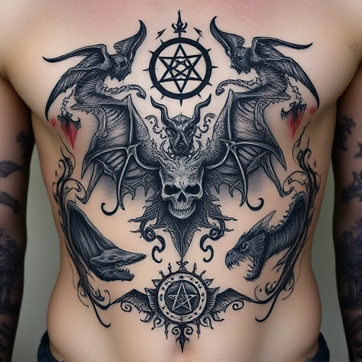Mystical blackwork tattoo named "Shadowrealm Chronicles" featuring intricate illustrations of mythical creatures and arcane symbols, creating a dark and mysterious narrative piece on the ribcage