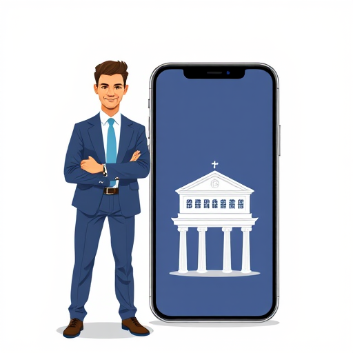 Create a vector-style illustration of a businessman standing confidently next to a smartphone displaying a classical building icon, use a clean background, camera settings: f/8 aperture, 1/60 shutter speed, ISO 100, camera view: frontal, camera style: bright and minimalistic, camera type: digital illustration.