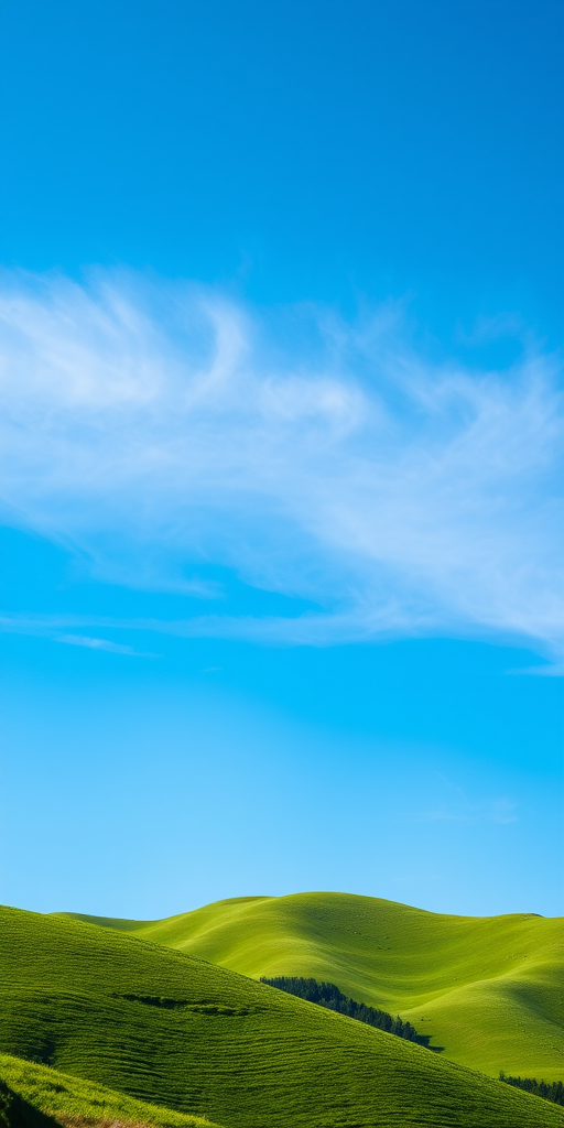 Create a high-resolution image of a serene landscape featuring lush green hills under a bright blue sky, captured with a DSLR camera at f/8 aperture, ISO 100, 50mm lens, and a 1/200 second shutter speed from a low angle perspective.
