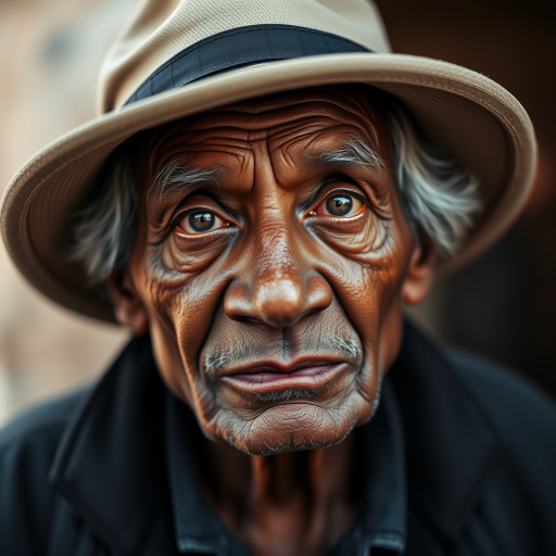 portrait of an elderly man with a hat, natural lighting, shallow depth of field, f/1.8, ISO 100, 85mm lens, taken with a DSLR camera, focused on the eyes, softly blurred background, high-resolution image