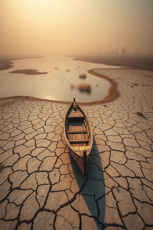 A solitary wooden boat resting on a cracked, dry riverbed under a hazy sky, captured with a DSLR camera at f/8 aperture, ISO 100, 24mm lens, natural light, top-down view, high dynamic range for enhanced detail.