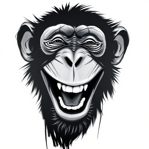 Abstract black and white acrylic portrait of an over exaggerated laughing (monkey). Minimalism style. White background.