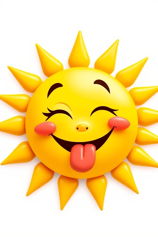 Create a smiling cartoon sun with a wink and tongue sticking out, bright yellow color, playful style, set against a white background, using a Canon EOS R5, f/2.8 aperture, ISO 100, 50mm lens, with a soft focus effect.
