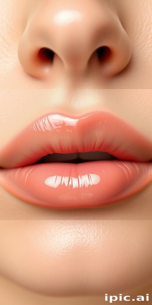 Glossy nude lips with a hint of peach, natural-looking and subtly enhanced, perfect for a fresh-faced and effortlessly chic appearance