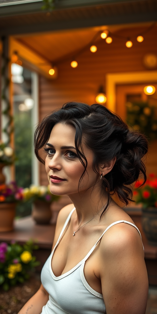 A photo of Helena Bonham Carter with a background of a cozy porch. She has dark hair pulled back in an updo, with tendrils framing her face. She wears a white tank top and sits on the porch. The porch is part of a well-lit home with a warm, earthy tone and colorful flowers and foliage. The overall scene has a warm, welcoming, and comfortable ambiance.