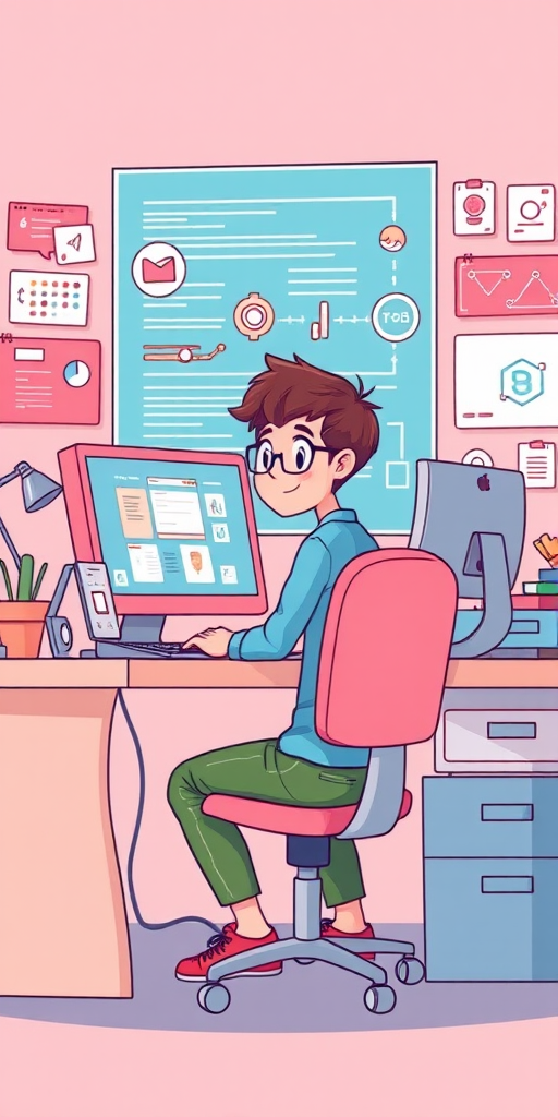 Create an illustration of a junior programmer sitting at a desk, using a computer, surrounded by programming-related icons and graphics, in a cartoon style with a soft pastel color palette, using a Canon EOS R5 camera, f/2.8 aperture, 50mm lens, ISO 100, and a vibrant, detailed background, emphasizing depth of field and clarity.