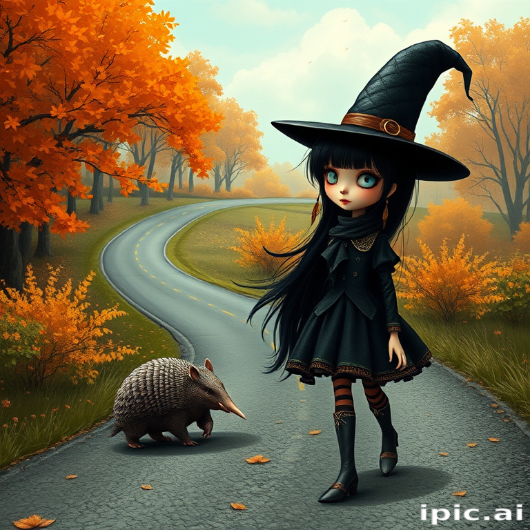 digital art fantasy depicting a strange girl with black hair, long eyelashes, orange lipstick and a tall hat walking along a winding road on an autumn afternoon, an armadillo smiles as he passes