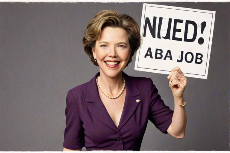 caricature of a smiling Annette Bening in a Plum dress or suit, holding up a sign that says "NEED A JOB", no watermark,