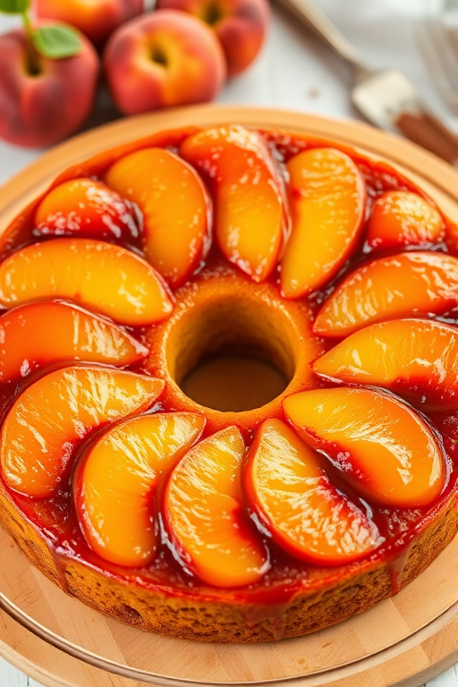 Create an image of a round peach upside-down cake glistening with caramelized peaches on top arranged in a circular pattern the cake is golden brown with a smooth texture and has a hole in the center it is placed on a wooden serving board with fresh peaches and some brown sugar in the background the setting is bright and inviting.