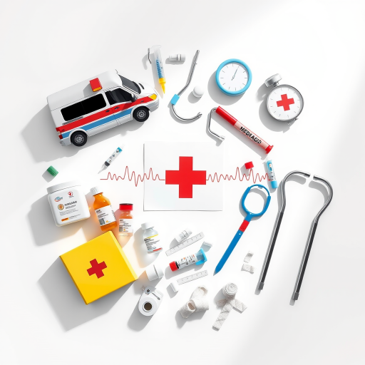 Create a detailed illustration of medical items including an ambulance, medication bottles, a first aid cross, heartbeat lines, a thermometer, vials, a syringe, a stethoscope, bandages, and a crutch on a white background, shot with a Canon EOS R5, 50mm lens, f/2.8 aperture, ISO 100, in a well-lit studio setting to enhance clarity and reduce shadows.