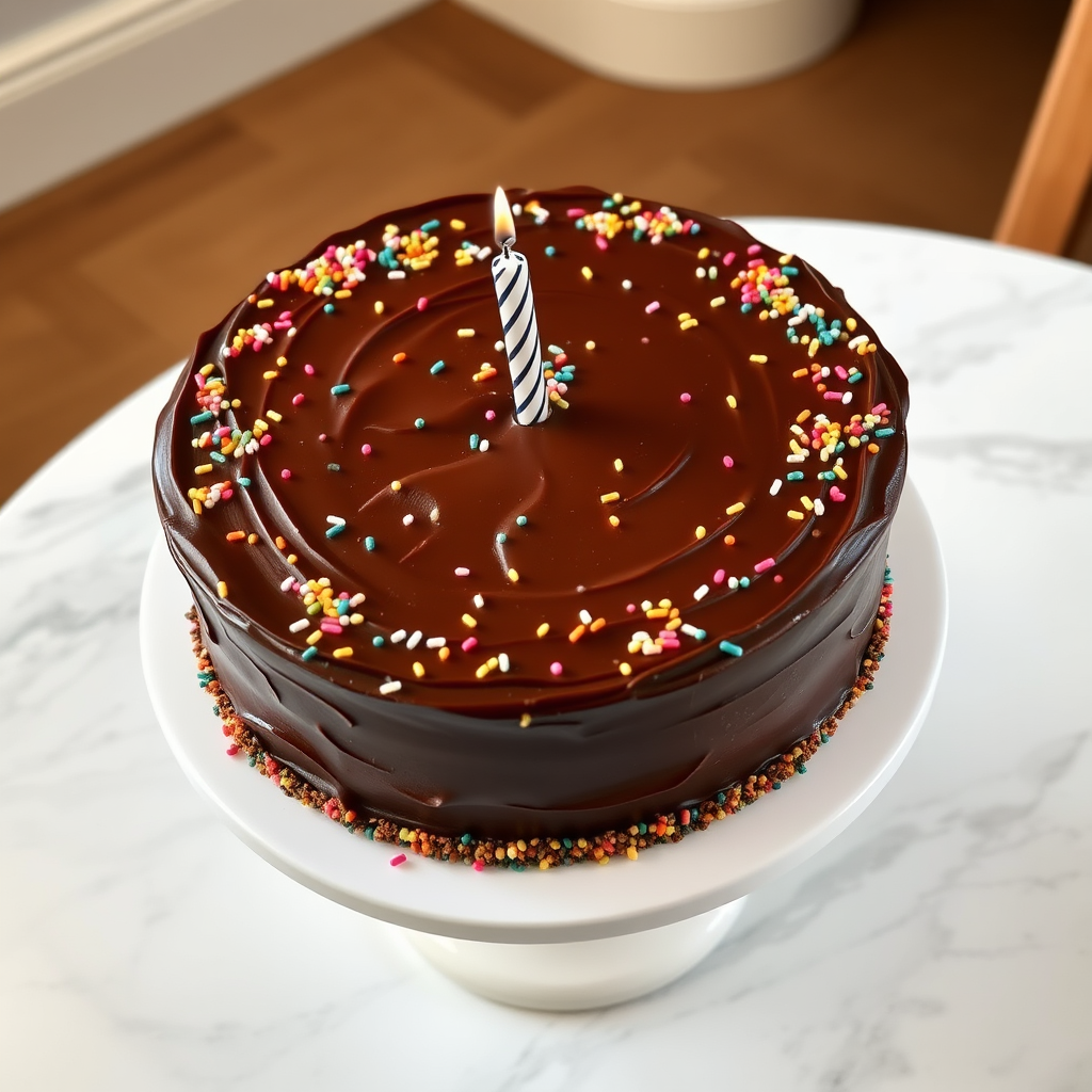 A round chocolate cake with rich chocolate frosting, decorated with colorful sprinkles on top and a single candle in the center, placed on a white cake stand, set on a marble table.