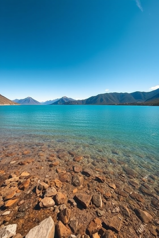 capture a vibrant lake view with clear blue skies and surrounding mountains, use a wide-angle lens at f/8, shutter speed 1/250s, ISO 100, in natural light to enhance color saturation and depth, shot with a DSLR camera from a low angle near the water's edge