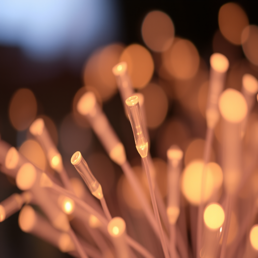 high-quality macro shot of glowing fiber optics with soft warm light, aperture f/2.8, ISO 200, shutter speed 1/60 sec, taken with a DSLR camera from a low angle to capture texture and detail, soft focus background for depth.