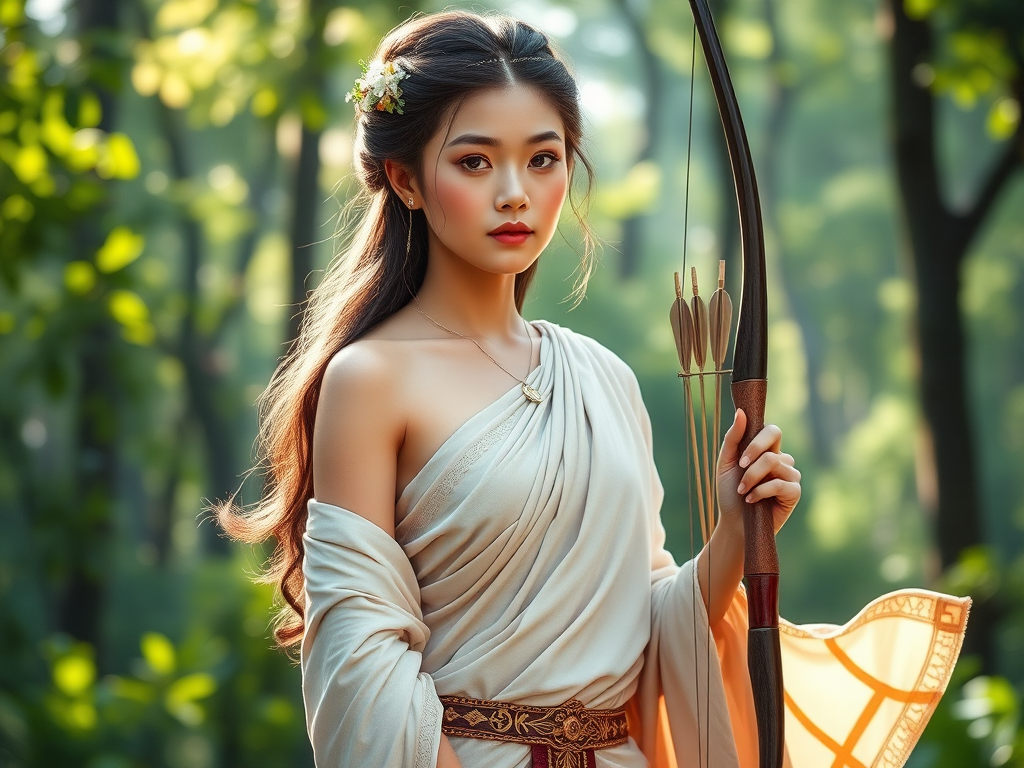 Create a portrait of a goddess-like Uyghur girl figure in a tranquil, forested environment. She has an elegant appearance with long, wavy hair styled in an updo and adorned with a delicate, floral headband. She wears a flowing, ancient Greek-inspired gown in a soft, pale color, featuring a one-shoulder design and draped fabric that accentuates her graceful form. The outfit includes a decorative belt with ornate gold detailing, and she holds a bow in her hand, with a quiver of arrows slung over her shoulder. The background depicts lush greenery, with sunlight filtering through the trees, casting a gentle, ethereal light on the scene. Her expression is calm and contemplative, embodying a sense of wisdom and serenity.