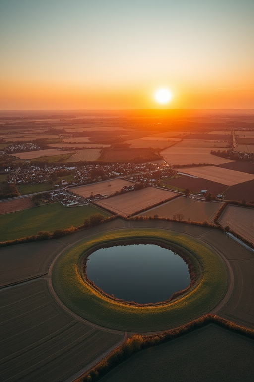 aerial view of a picturesque rural landscape with fields, villages, and a pond under a clear sky at sunset, captured with a drone camera at 4K resolution, ISO 100, f/2.8, 1/200s, low angle, wide lens