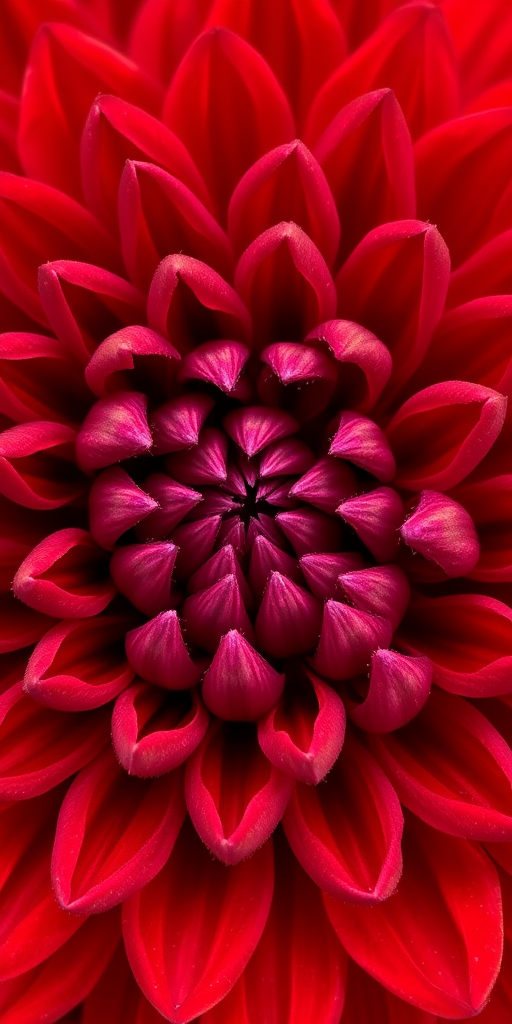Create a close-up image of a vibrant red flower with tightly packed petals, showcasing intricate textures and details.