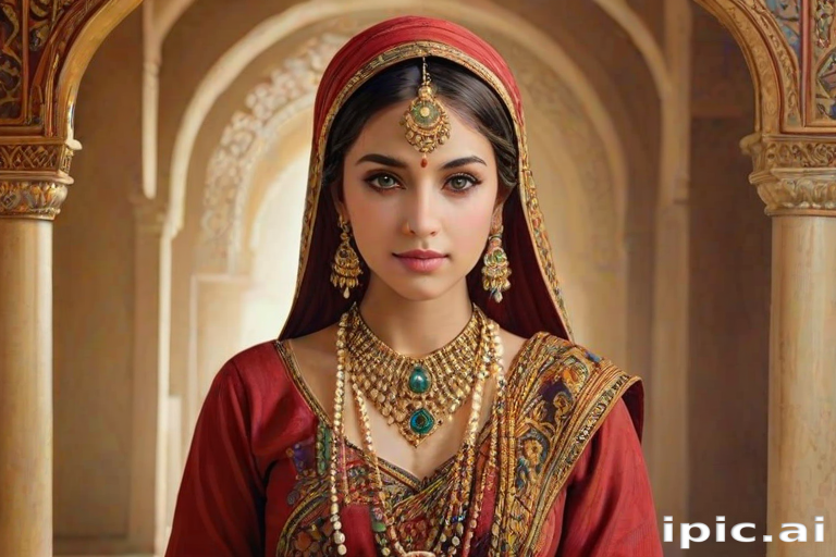 Create a portrait of a beautiful woman with striking hazel eyes and a gentle expression. She is adorned in traditional attire with intricate patterns, including a richly embroidered headscarf and matching garments. Her jewelry includes a delicate headpiece, dangling earrings, and ornate bracelets, all featuring vibrant gemstones and detailed metalwork. The background is soft and warm, enhancing the rich colors of her outfit and jewelry.