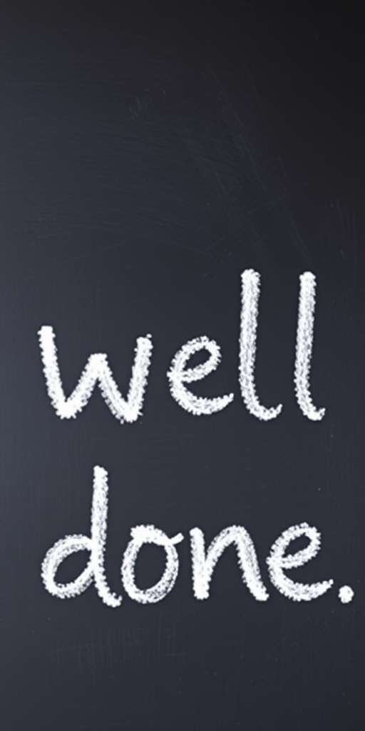 Create an image of the phrase "well done" written in chalk on a black chalkboard, using a DSLR camera with a 50mm lens, f/1.8 aperture, 1/125 sec shutter speed, ISO 100, shot from a straight-on angle with natural lighting to enhance clarity and contrast.