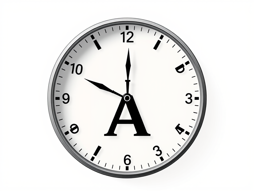 Create a high-resolution, vector-style image of a clock graphic featuring a bold letter "A" in the center, with a modern design, using a DSLR camera with a 50mm lens, f/1.8 aperture, ISO 100, and a soft focus background for emphasis on the clock elements.