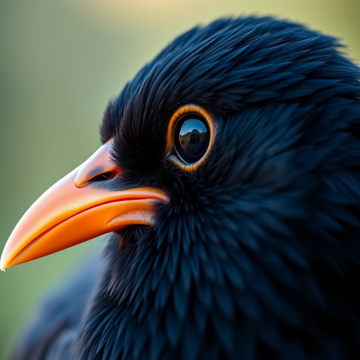A highly detailed close-up of a black bird with a vibrant orange-yellow beak, sharp focus on the feathers and eye, soft gradient background, natural light, ISO 100, f/2.8, shutter speed 1/200s, DSLR camera, macro lens.