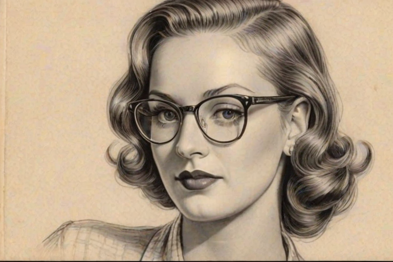 Ravishing Jewel Kilcher, pencil sketch, portrait of Wonderful woman 1936s in glasses, hair style beatnik, outline, clear lines, fine lines, 8k