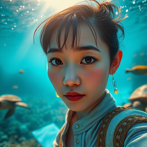 Realistic selfie image of a Asian, wearing a vintage outfit, detailed dreamy eyes, droopy hooded eyes, staring at the camera, taken underwater at coral reef with a sunbeam filtering through the water, vibrant, summer vacation, natural lighting, turtle and school of tropical fish with vibrant colors, rendered in the style of CryEngine, Pegi Nicol MacLeod, with realistic genre scenes, hauntingly beautiful narratives, ultra-realism, and Thomas Saliot's close-up technique, 8K resolution, crystal clear and sparkling water.