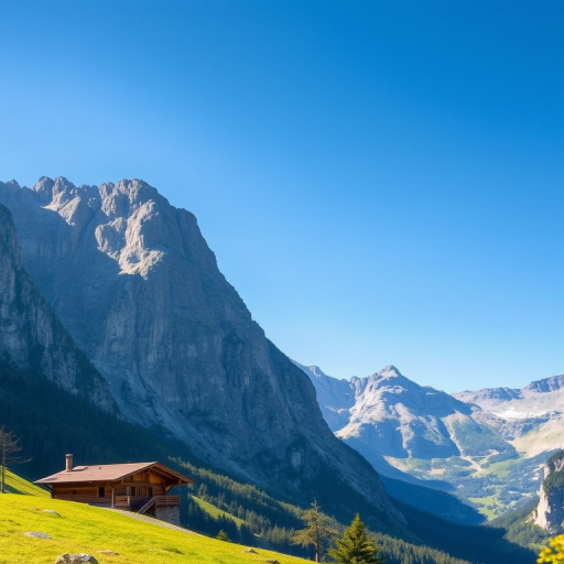 regenerate the image of a Swiss valley with towering cliffs and a small wooden cabin in the foreground under a clear blue sky, using a full-frame camera, 24mm lens, f/8 aperture, ISO 100, at a low angle for depth, with natural lighting and vibrant colors