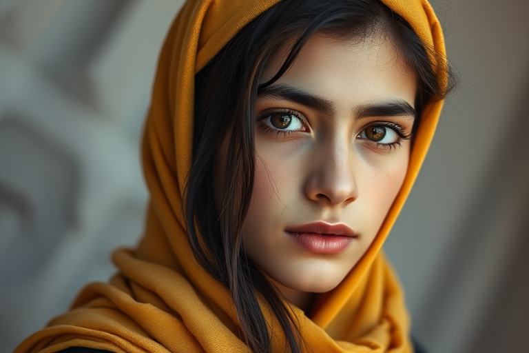 Create a portrait of a young Turkish male with long, dark hair and captivating hazel eyes. She is wearing a Yellow headscarf and a matching scarf draped gracefully around her neck. The background is softly blurred, focusing attention on her serene and natural expression. The overall color palette is muted and warm, enhancing the intimate and authentic feel of the portrait.