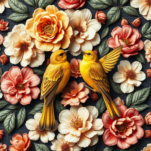 Regenerate the image with a detailed floral pattern featuring two golden birds surrounded by intricate flowers, using a DSLR camera with a 50mm f/1.8 lens, aperture set to f/2.8, ISO 100, and a soft focus effect for depth, shot in natural light for enhanced color vibrancy.