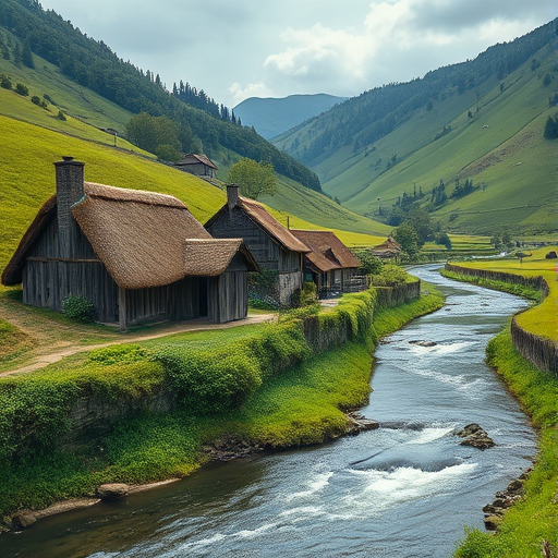 Regenerate a serene rural landscape with quaint thatched-roof cottages beside a gently flowing river in a lush green valley, taken with a Canon EOS R5 at f/8, ISO 100, 24mm lens, using a wide-angle perspective for enhanced depth and clarity.