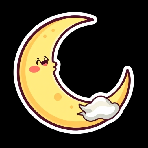 this image is a kawaii Crescent moon sticker, 3d digital art, black background, sticker line weight
