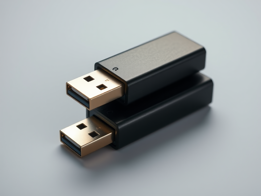 create a high-resolution image of two USB flash drives stacked on top of each other, showing details of the design and texture, use a macro lens with an aperture of f/2.8, set ISO to 100, use a softbox lighting for even illumination, capture from a top-down view with a DSLR camera