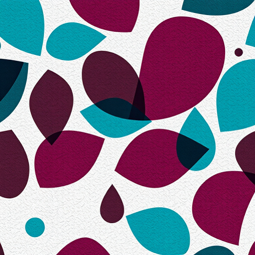 Create an abstract pattern of teal and dark maroon shapes resembling leaves and droplets on a textured background, shot with a Canon EOS 5D Mark IV, 50mm lens, aperture f/8, ISO 100, at a 45-degree angle for depth enhancement.