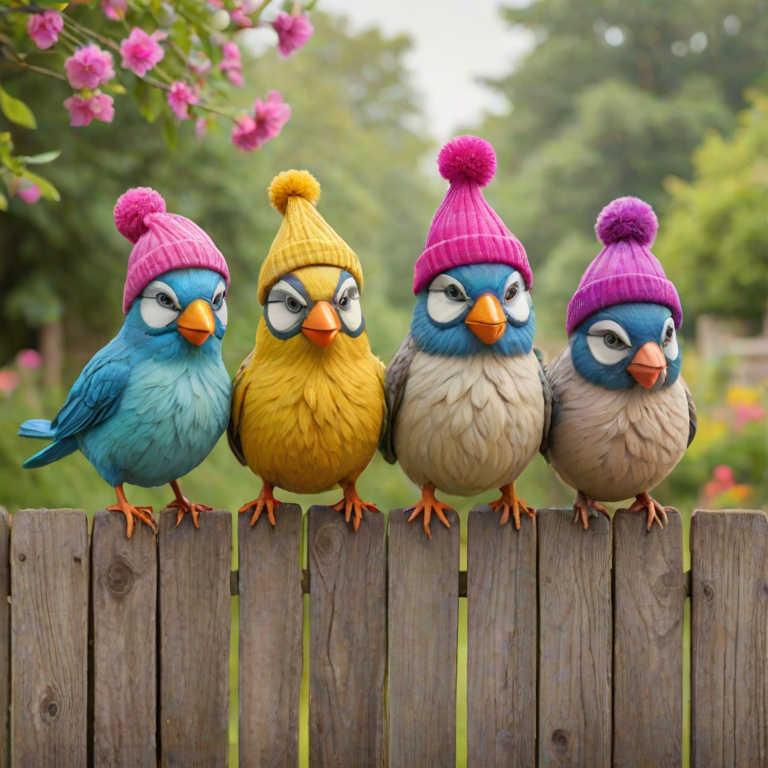 create a scene of 4 quirky  whimsical colourful comical birds each with a funny expression. they are sat on a wooden fence with colourful flowers. they are all different sizes. each one is a different colour  one is wearing a woolly hat. Each one has a different quirky google expression and there is a muted background of trees watercolour paintierly style high definition 8k resolution 3D paper mache