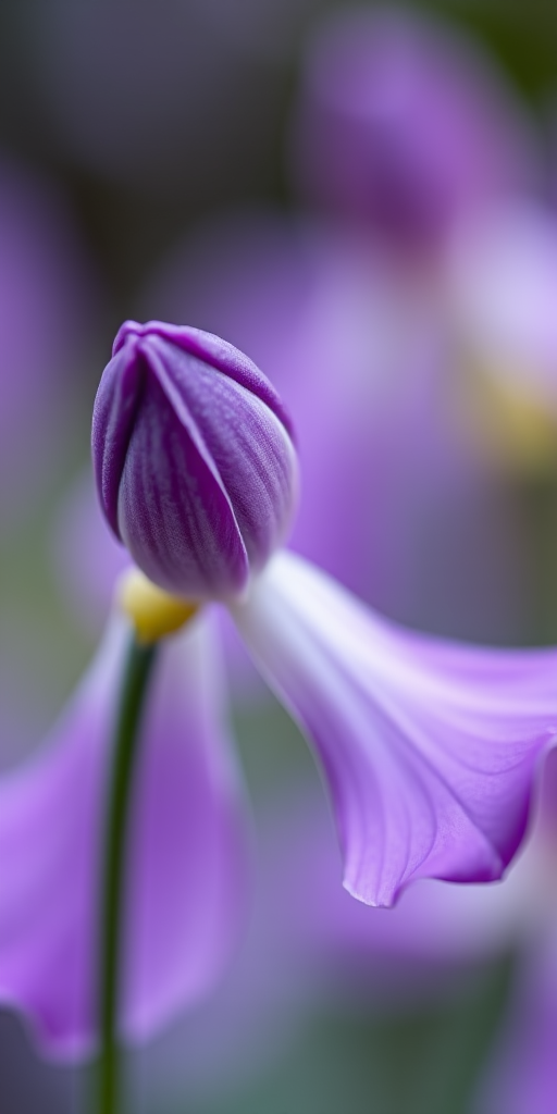A close-up shot of a blooming purple flower with a delicate bud, captured using a Canon EOS 5D Mark IV, aperture f/2.8, ISO 100, with a shallow depth of field to enhance details and a soft-focus background for a vibrant look.