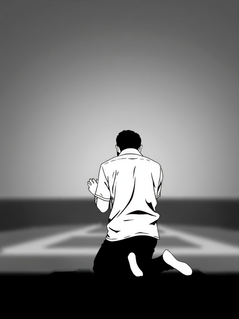 create a high-contrast monochrome illustration of a person kneeling in prayer, use a Canon EOS R5 with a 50mm f/1.2 lens, aperture set to f/2.8, ISO 100, and a shallow depth of field to enhance the focus on the subject against a blurred gradient background.