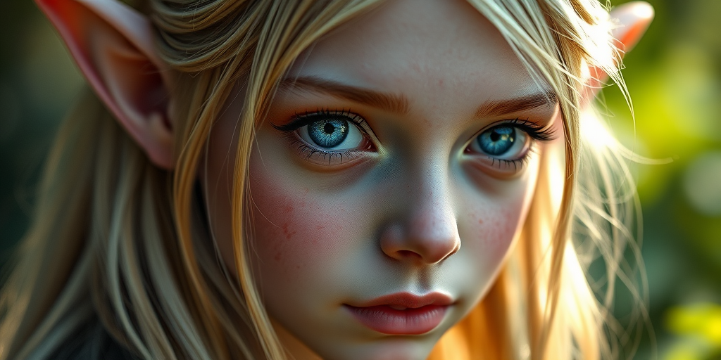 Regenerate a detailed portrait of an elf with long blonde hair and striking blue eyes, using a Canon EOS R5 with an 85mm f/1.2 lens, natural lighting, a shallow depth of field, and a cinematic style to enhance details and color vibrancy.