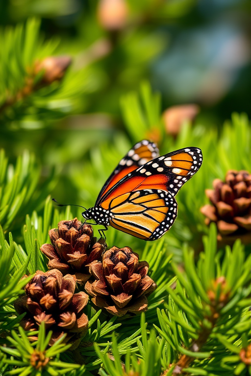 Capture a close-up of a Monarch butterfly resting on pine cones among lush green foliage, with a shallow depth of field, using a DSLR camera, 85mm lens, f/2.8 aperture, ISO 200, and natural sunlight for enhanced vibrancy.