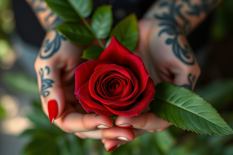 hands with intricate tattoos holding a realistic red rose surrounded by green leaves, soft focus, 50mm lens, f/2.8 aperture, natural light, shallow depth of field, macro photography, DSLR camera