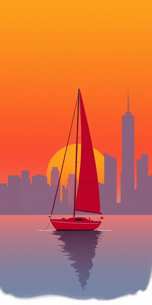 Create a minimalist digital illustration of a red sailboat in front of a stylized city skyline during sunset, with a vibrant orange sky, using a 50mm lens, f/8 aperture, ISO 100, in a high-resolution digital painting style.