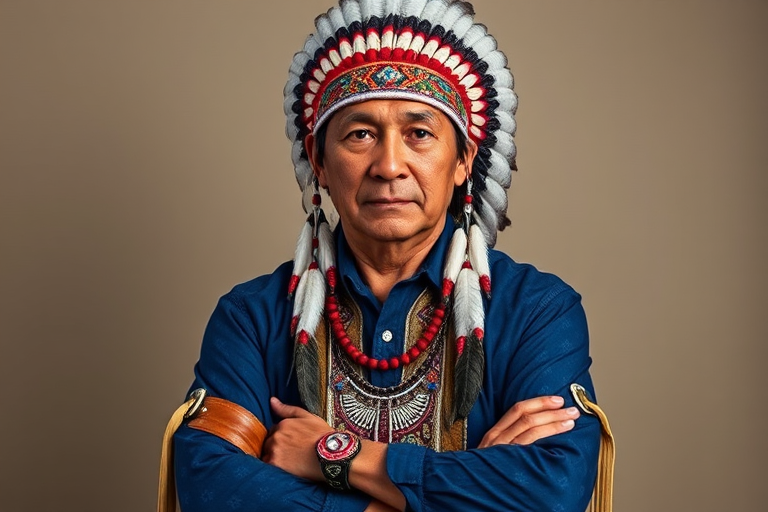 Create a dignified portrait of a Native American man dressed in traditional attire. He wears a beautifully crafted headdress adorned with white feathers and red beads, along with a beaded headband featuring intricate patterns. His clothing includes a deep blue, patterned shirt and a traditional chest piece with detailed beadwork. His arms are crossed, displaying leather armbands decorated with feathers. The background is simple and neutral, emphasizing his proud and stoic expression. The overall image captures the rich cultural heritage and strength of his persona.