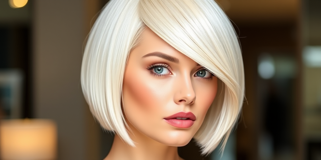 Elegant hair style showcasing a sleek platinum blonde bob with razor-sharp edges and a subtle side-swept fringe framing the face beautifully
