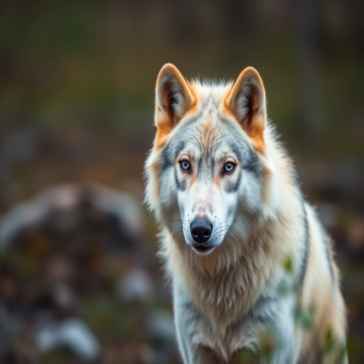 Arctic wolf in a natural setting, 50mm lens, aperture f/2.8, ISO 100, shutter speed 1/200, portrait view, DSLR camera, soft focus background, high resolution.
