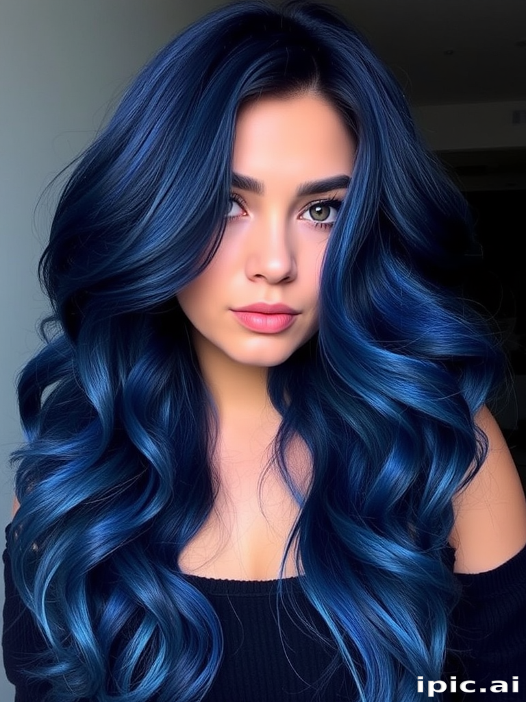 Midnight blue hair styled in voluminous, mermaid-inspired waves embodies the mysterious "Starry Night" look, featuring subtle silver and iridescent highlights that shimmer like distant galaxies, creating a captivating and otherworldly appearance reminiscent of the night sky