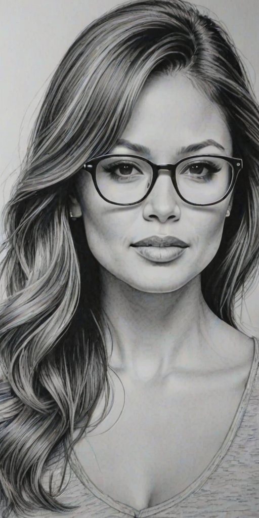 Fascinating Vanessa Lachey, pencil sketch, portrait of Superb woman 1972s in glasses, hair style beatnik, outline, clear lines, fine lines, 8k