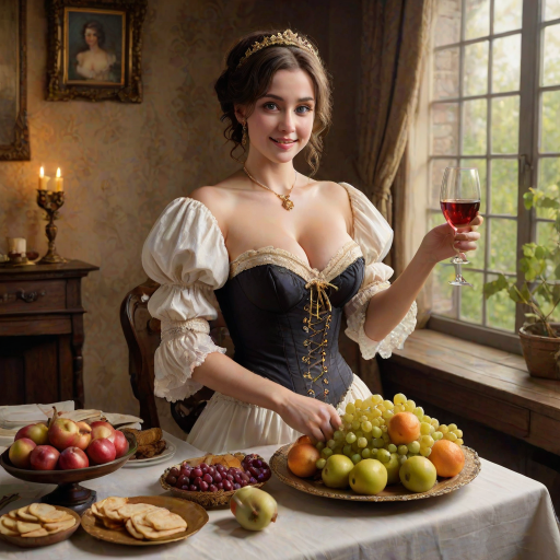 intricate details, masterpiece, best quality full body photo of insanely sensual woman, textured skin, blue eyes, (large natural breasts:1.1), cleavage, (holding a golden platter with grapes, apples, lemon, orange slice:1.1), glasses of champagne, glasses of wines, tan lines, smiling, victorian, corset, tail, black hair, bread, breasts, brown hair, candle, cleavage, dress, fire, food, gloves, grapes, indoors, large breasts, lips, looking at viewer, maid, maid headdress,  pancake, puffy sleeves,  short hair, solo, table,  window